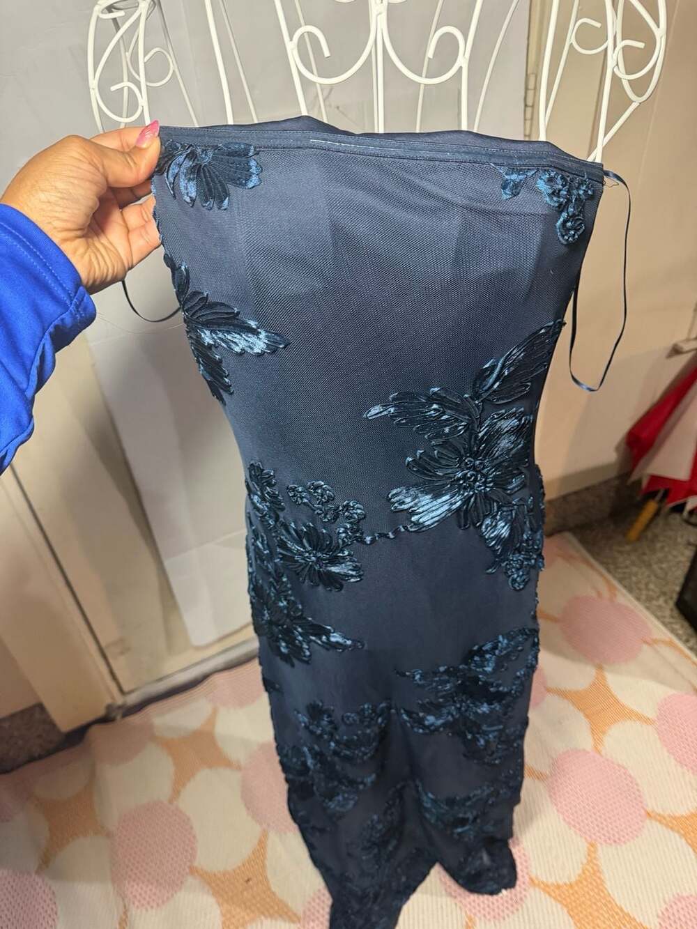 Thirty/Thirty Strapless Floral Appliqué Maxi Dress in Navy